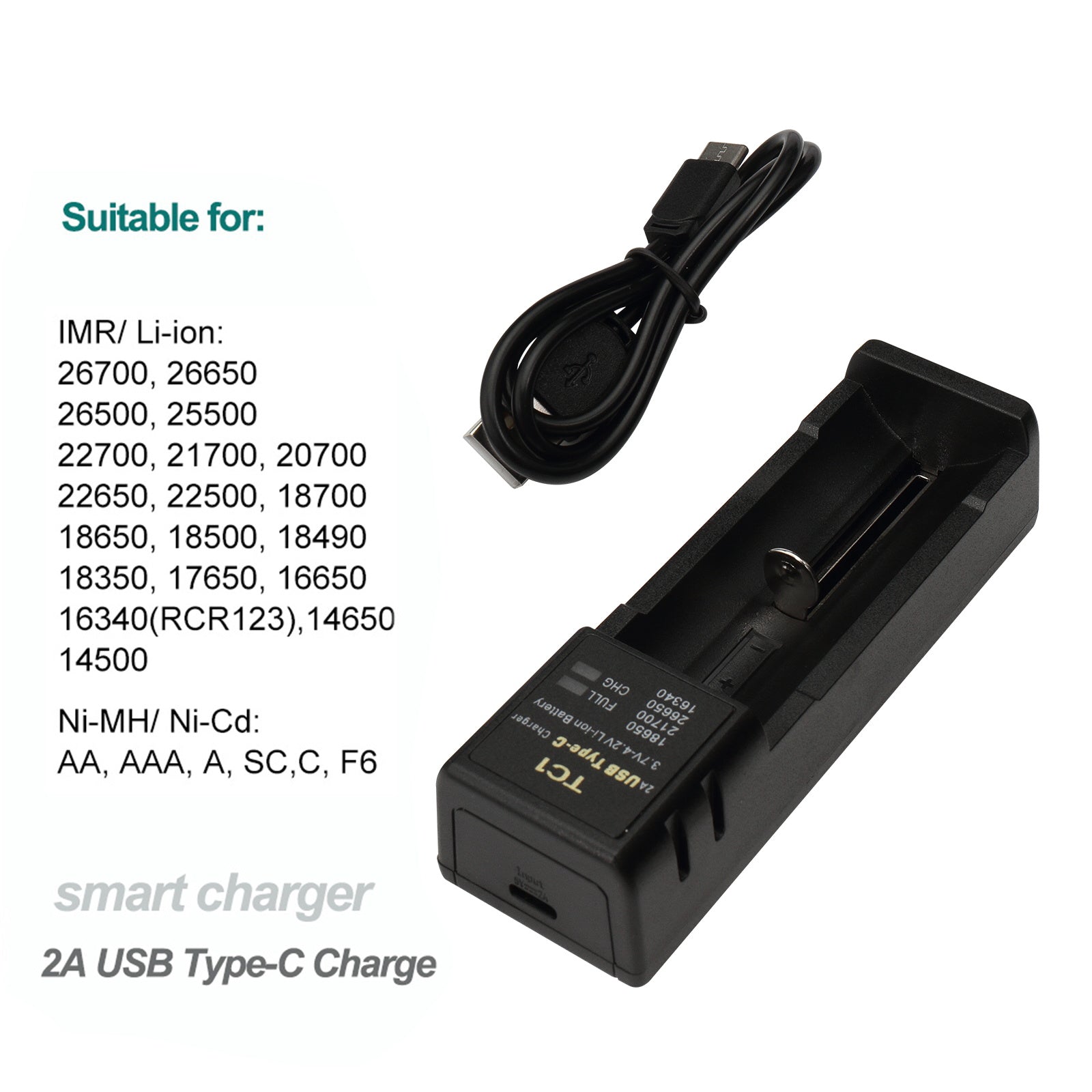 TC1 USB-C Single-Slot Li-ion Battery Charger for 18650 & 21700