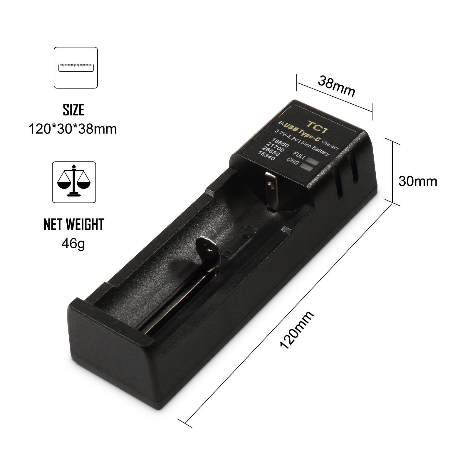 TC1 USB-C Single-Slot Li-ion Battery Charger for 18650 & 21700