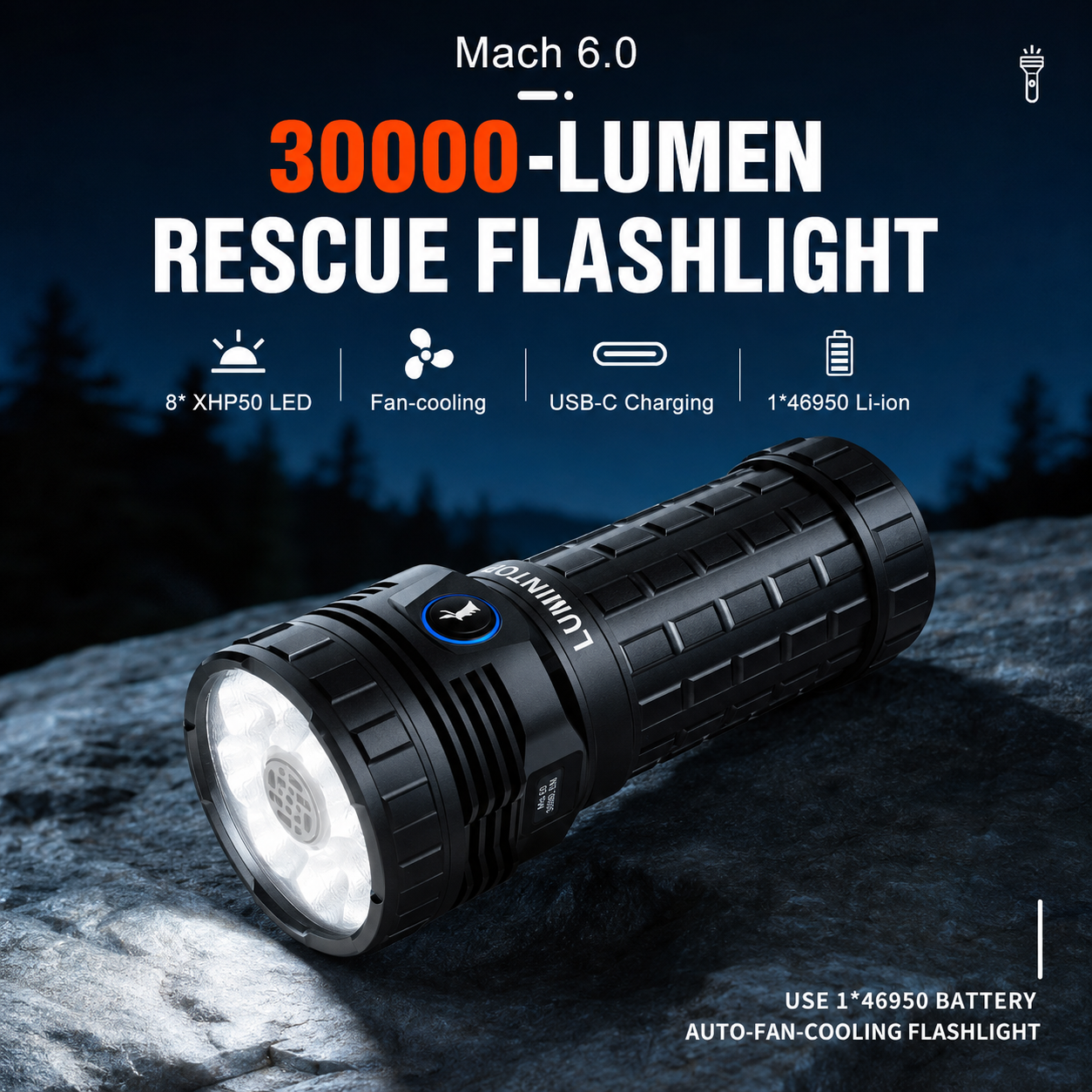 Lumintop Mach 6.0 - 30000LM Long-Range Outdoor Flashlight with Active Fan-Cooling