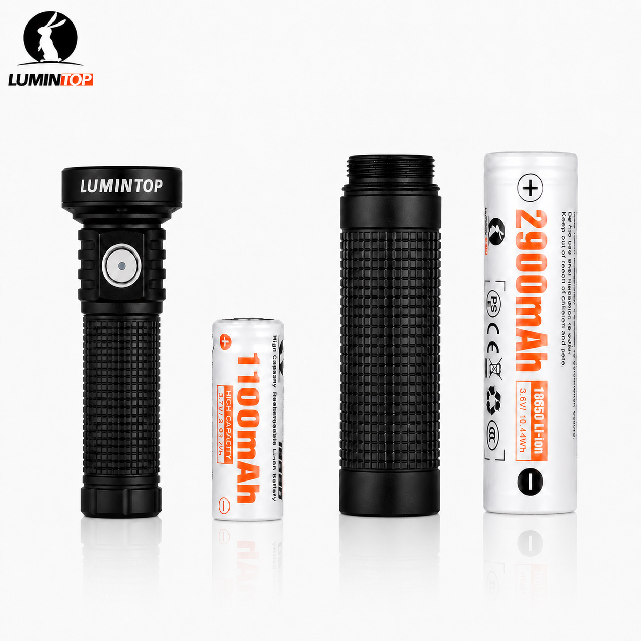 Lumintop EDC20 compact EDC flashlight black with 18350 1100mAh 3.7V Li-ion battery extension tube 18650 2900mAh 3.6V Li-ion battery four components dual battery compatibility white background
