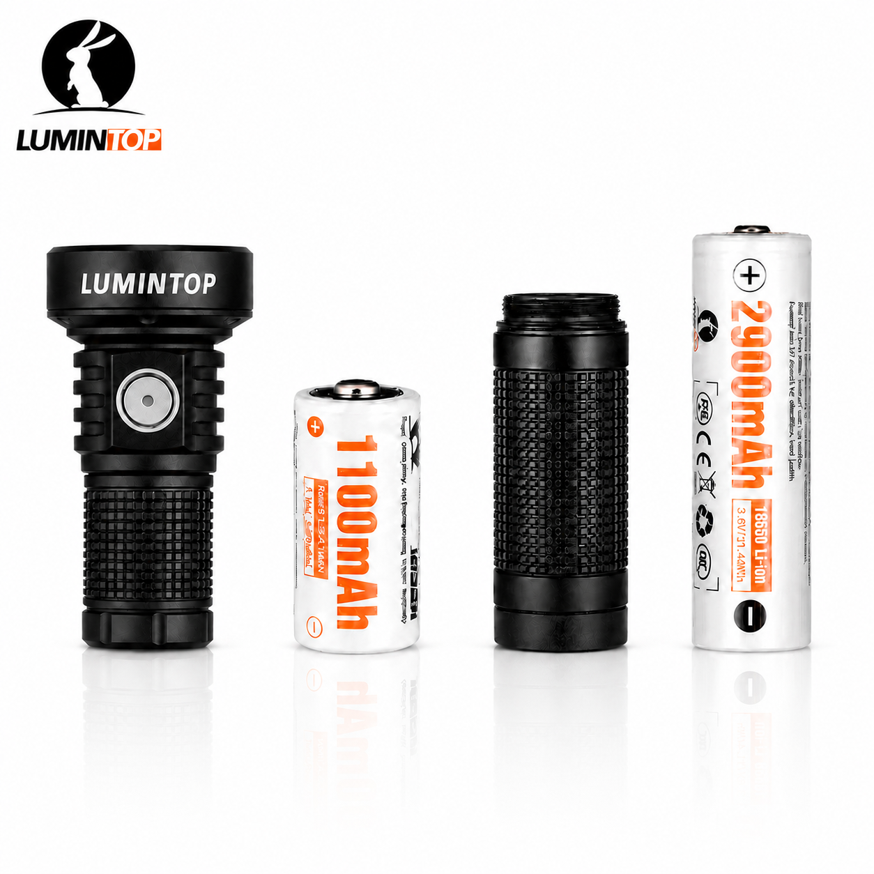 Lumintop EDC20 compact EDC flashlight black with 18350 1100mAh 3.7V Li-ion battery extension tube 18650 2900mAh 3.6V Li-ion battery four components dual battery compatibility white background
