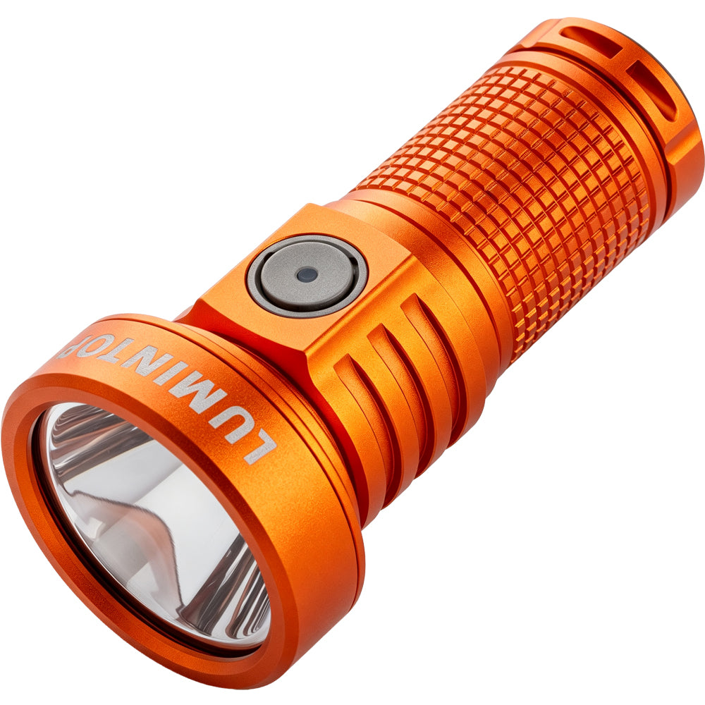 Lumintop EDC20 compact EDC flashlight orange angled view large side switch grid knurling smooth reflector Lumintop logo white background