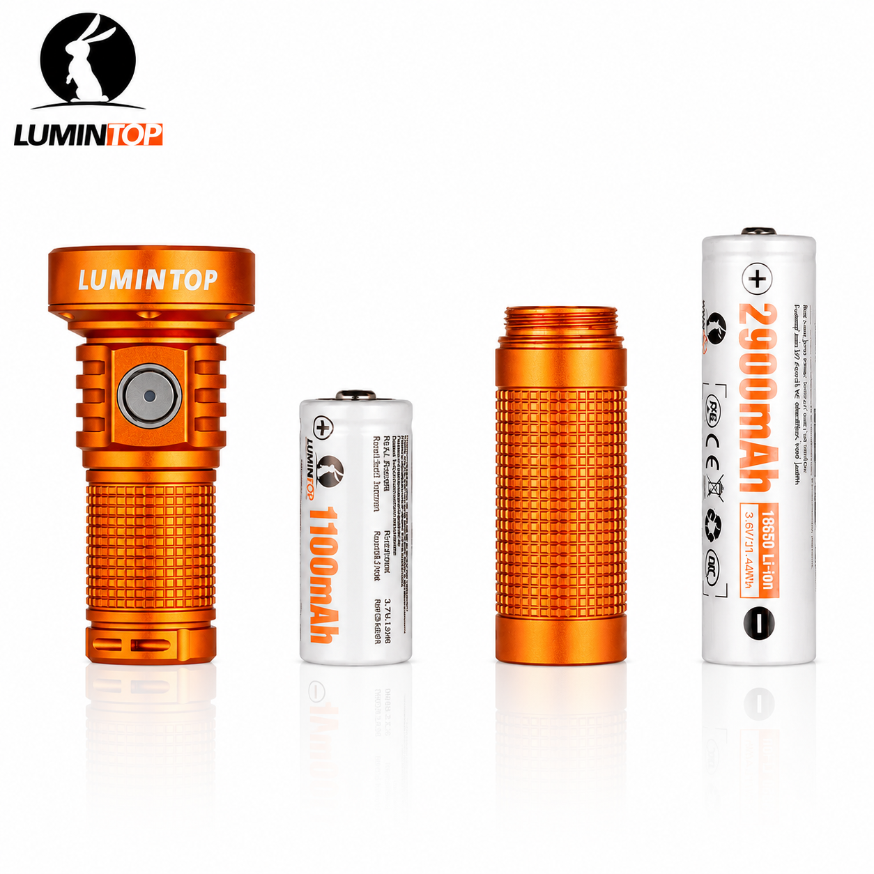 Lumintop EDC20 compact EDC flashlight orange with 18350 1100mAh 3.7V Li-ion battery extension tube 18650 2900mAh 3.6V Li-ion battery four components dual battery compatibility white background