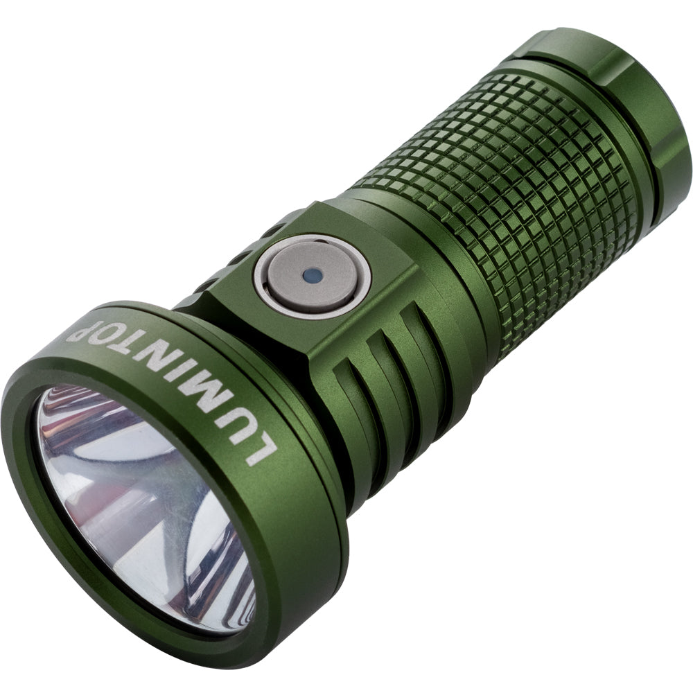 Lumintop EDC20 compact EDC flashlight army green angled view large side switch grid knurling smooth reflector Lumintop logo white background