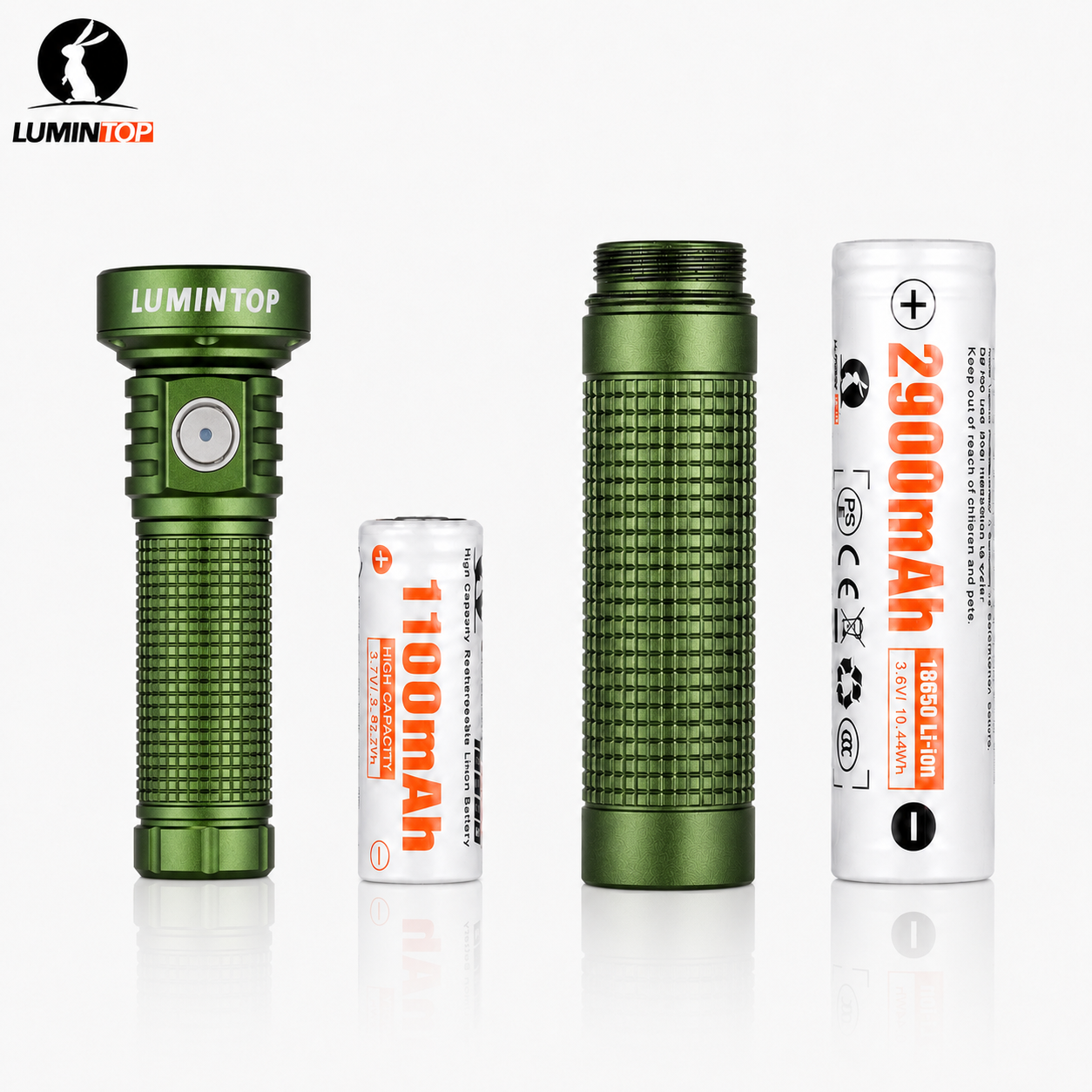 Lumintop EDC20 compact EDC flashlight army green with 18350 1100mAh 3.7V Li-ion battery extension tube 18650 2900mAh 3.6V Li-ion battery four components dual battery compatibility white background