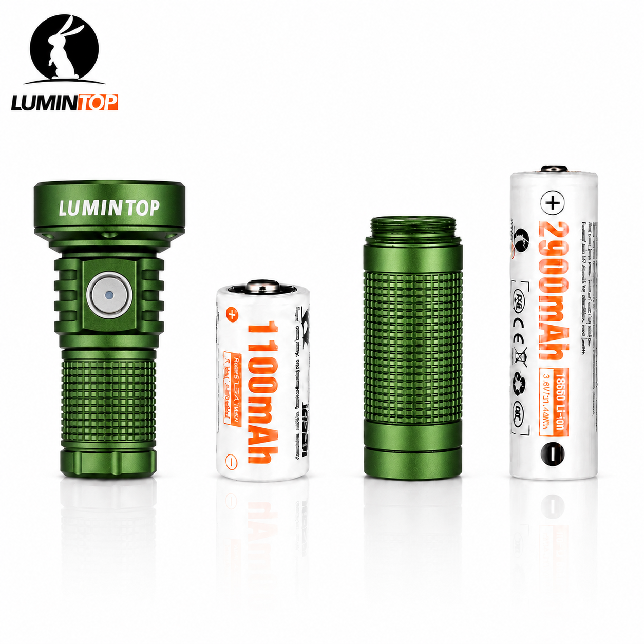 Lumintop EDC20 compact EDC flashlight army green with 18350 1100mAh 3.7V Li-ion battery extension tube 18650 2900mAh 3.6V Li-ion battery four components dual battery compatibility white background