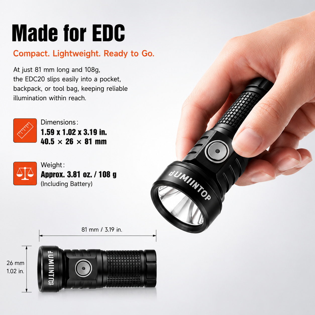 Lumintop EDC20 compact EDC flashlight made for EDC compact lightweight ready to go 81mm 3.19in 40.5x26x81mm 108g 3.81oz hand held size comparison light gray background