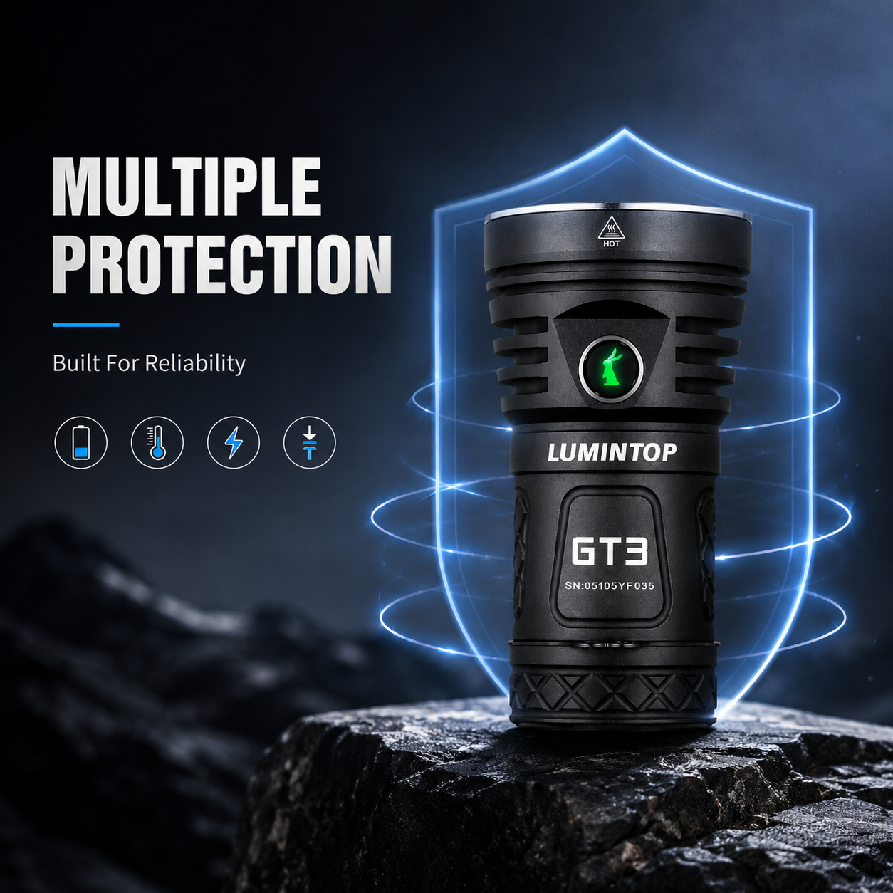 Lumintop GT3 multiple protections over-discharge reverse polarity thermal and low voltage protection