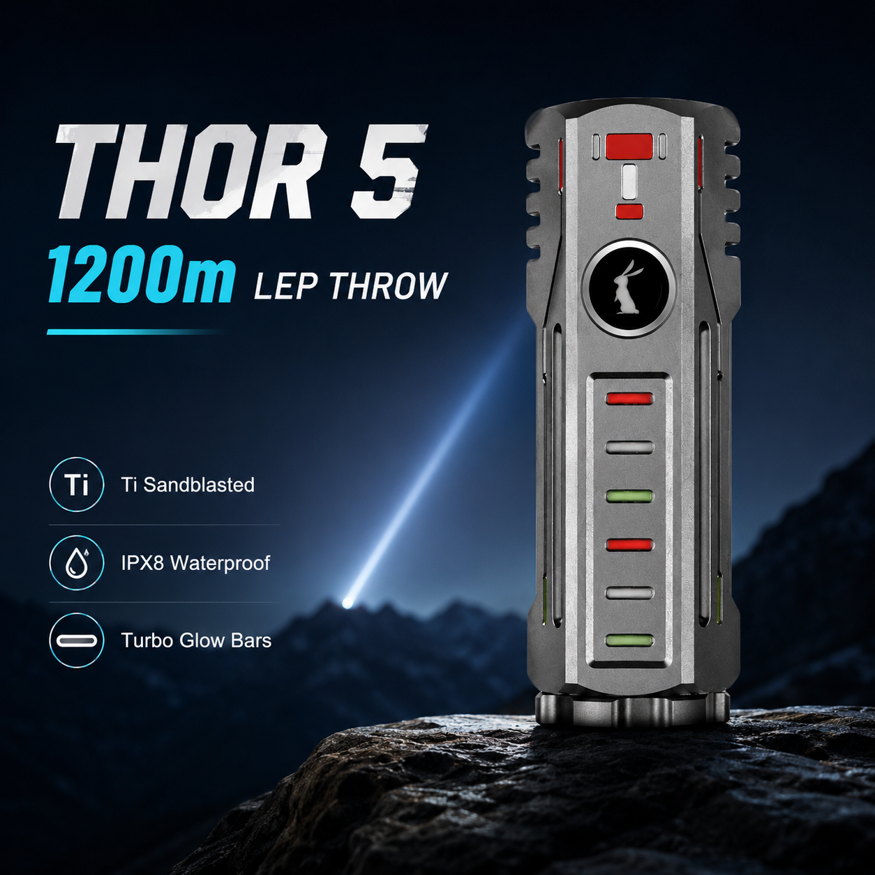 Lumintop Thor 5 1200m LEP throw titanium sandblasted IPX8 waterproof turbo glow bars rabbit logo EDC searchlight