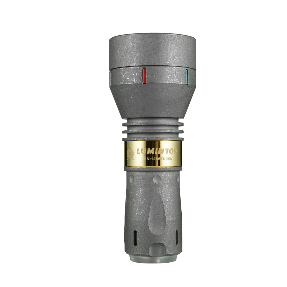 Lumintop Thor II Titanium Ti-stonewashed LEP flashlight standing vertical gold nameplate serial number red green glow bars trit slots white background