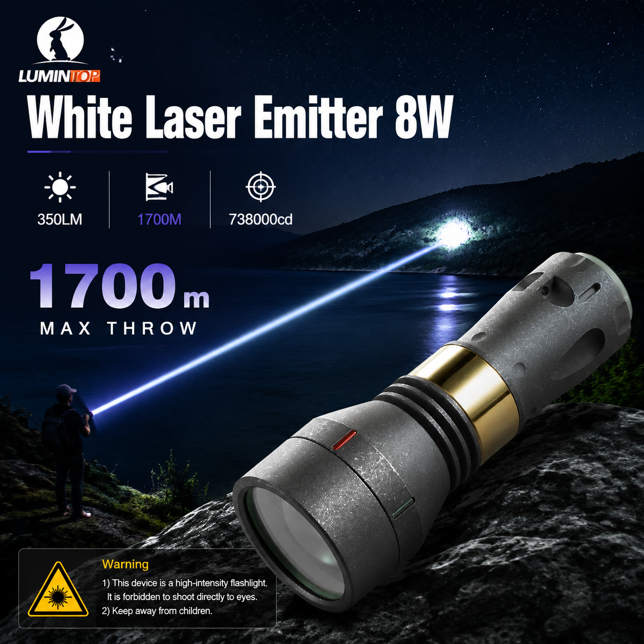 Lumintop Thor II Titanium LEP flashlight white laser emitter 8W 350 lumens 1700 meters max throw 738000 candela person holding beam night lake mountain background