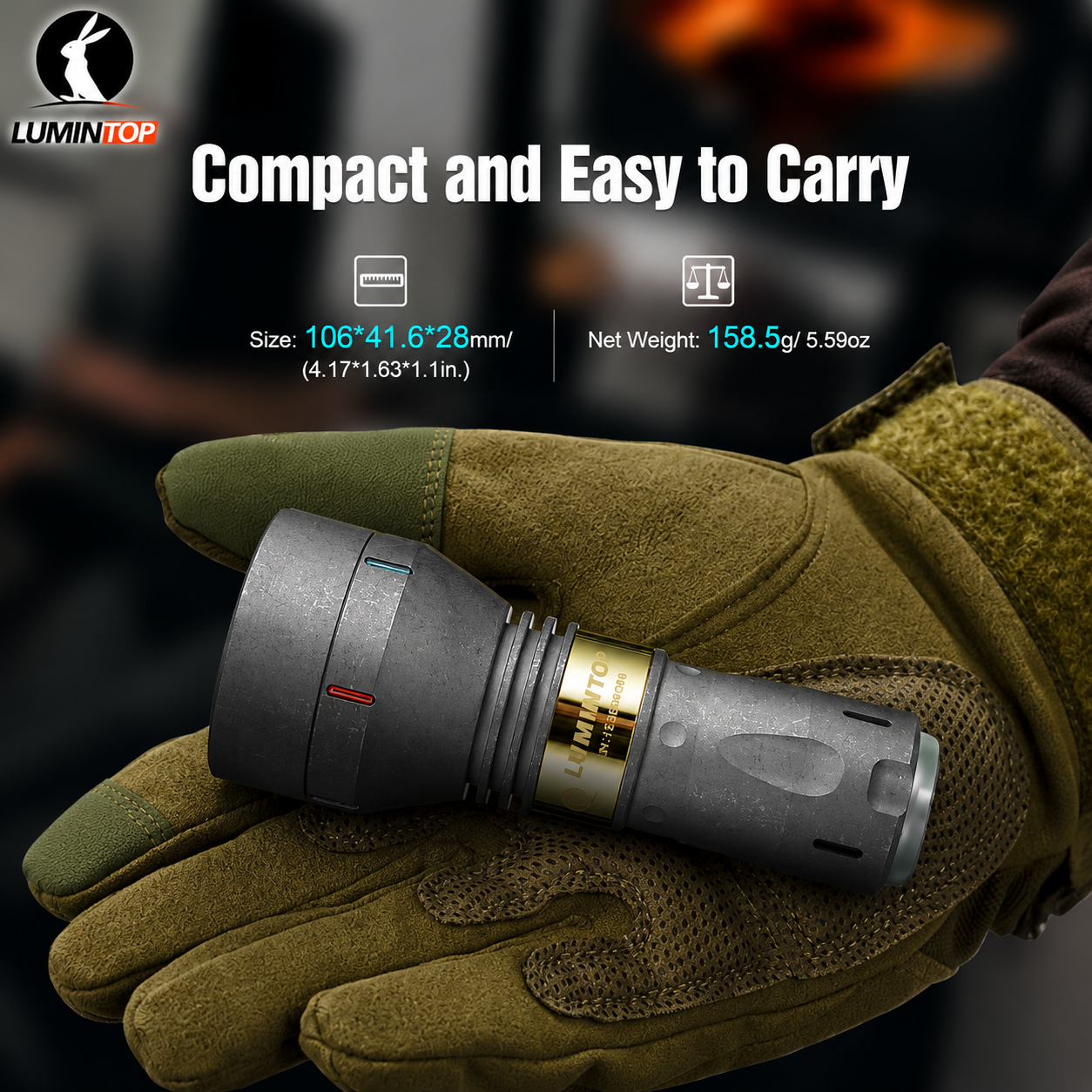 Lumintop Thor II Titanium LEP flashlight compact easy to carry 106x41.6x28mm 4.17x1.63x1.1in 158.5g 5.59oz tactical glove hand held size comparison indoor background