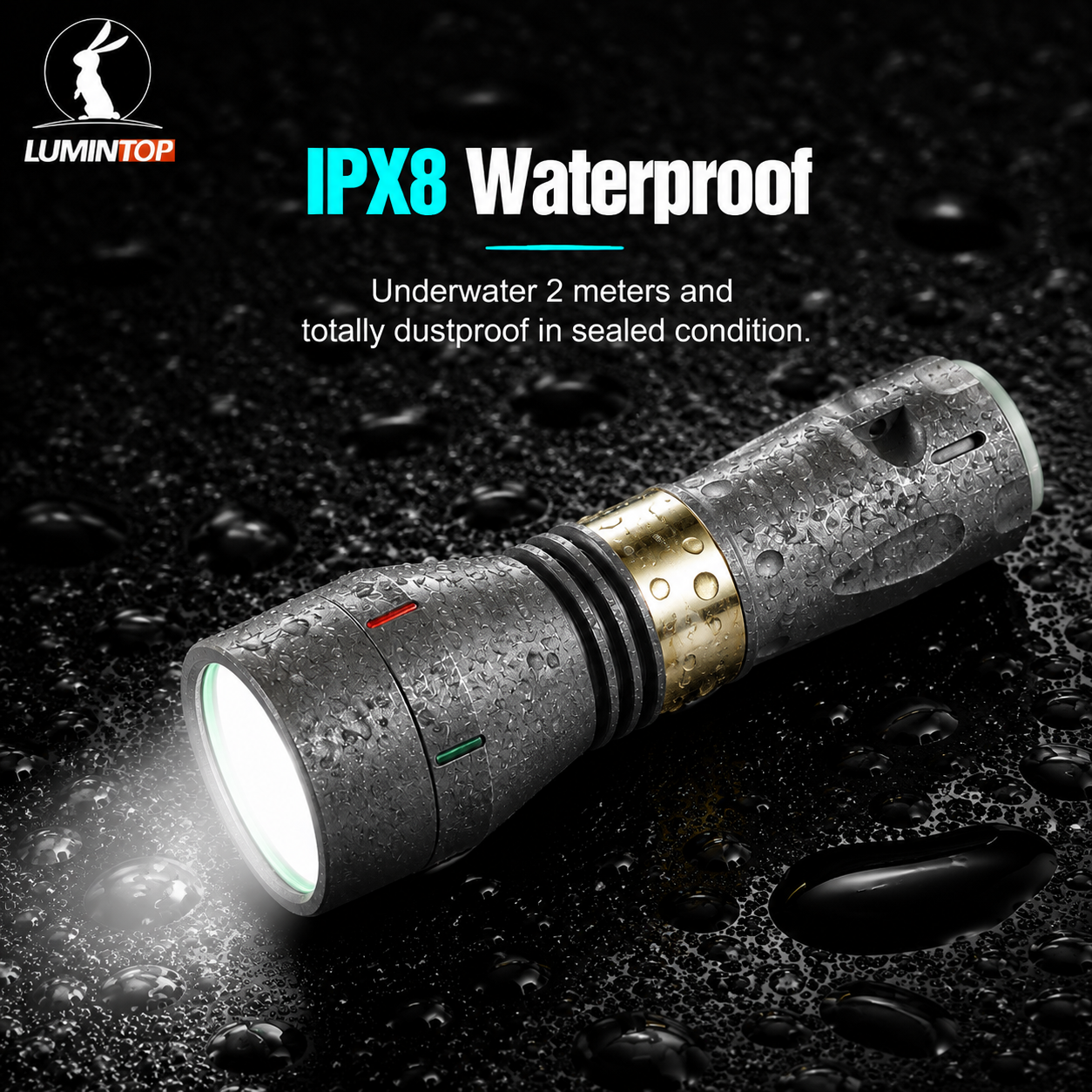Lumintop Thor II Titanium LEP flashlight IPX8 waterproof submersible underwater 2 meters totally dustproof sealed condition titanium stonewashed body water drops black background