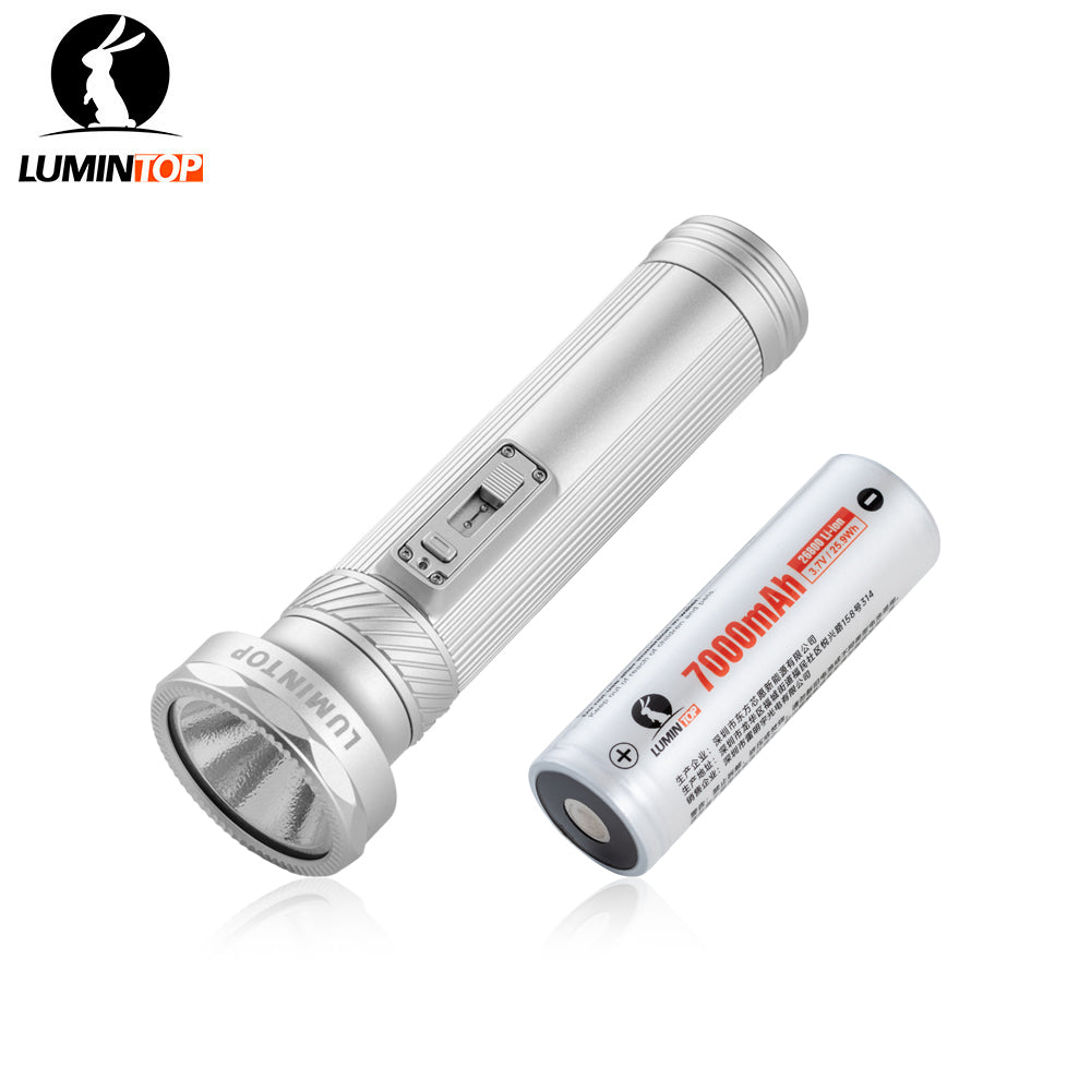 Lumintop Tiger vintage style modern performance flashlight silver 4000 lumens 485 meters 26800 Li-ion dual-switch control retro oil lamp dark indoor background