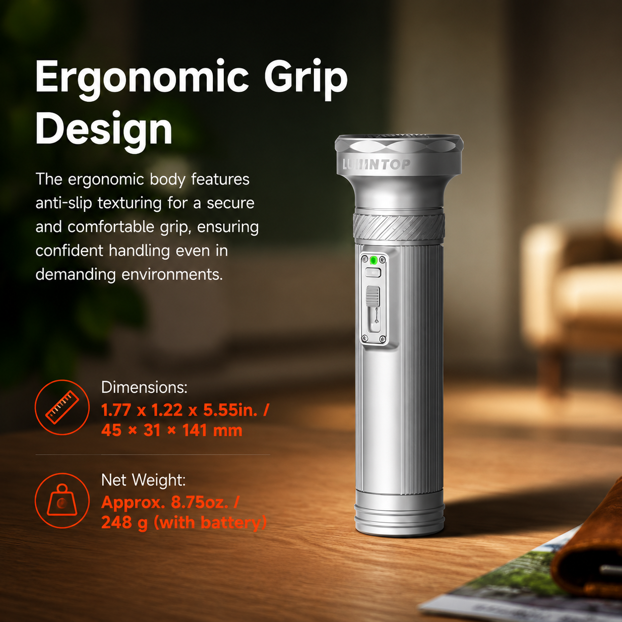 Lumintop Tiger vintage flashlight silver IPX8 waterproof submersible 2 meters internal waterproof design built tough adventure ready rain water drops moss rock night background