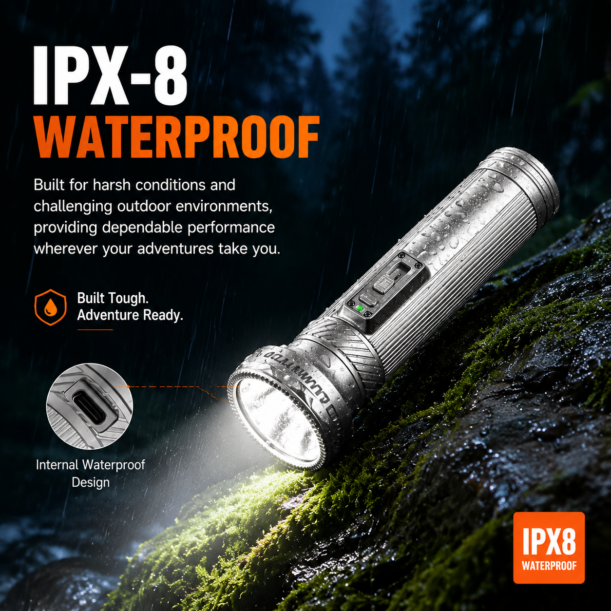 Lumintop Tiger vintage style flashlight silver front view standing vertical ribbed body dual-switch panel diamond cut head Lumintop logo white background