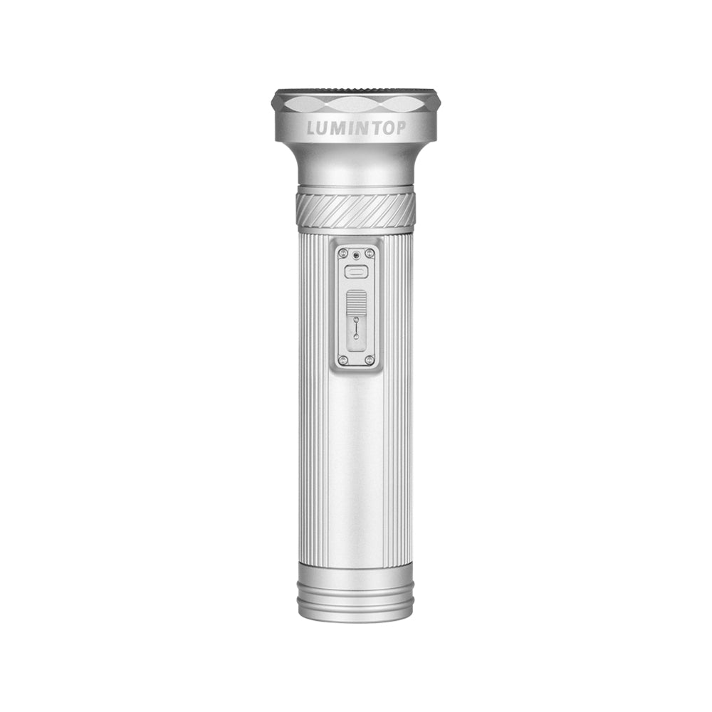 Lumintop Tiger vintage style flashlight silver hand held front view LED smooth reflector Lumintop logo diamond cut bezel white background