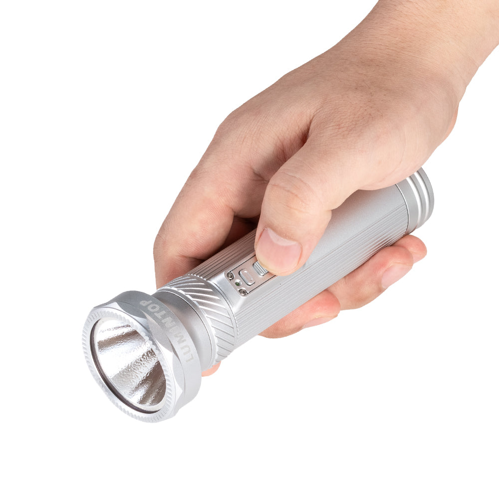 Lumintop Tiger vintage style flashlight silver hand held side view vertical ribbed body dual-switch panel E-switch magnetic control switch white background