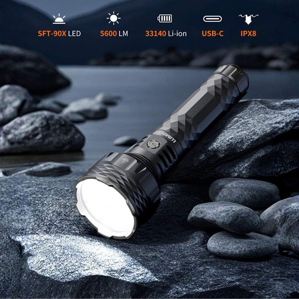 Lumintop Lumintop PK90 SFT-90X LED Long Range Search Flashlight 5600 Lumens 1500M Focused Beam IPX8 Waterproof USB-C Fast Charging 33140 Li-ion Batter