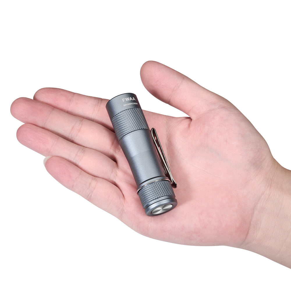Lumintop FWAA Compact Size in Hand – 75mm EDC Flashlight, Gray, Pocket Clip