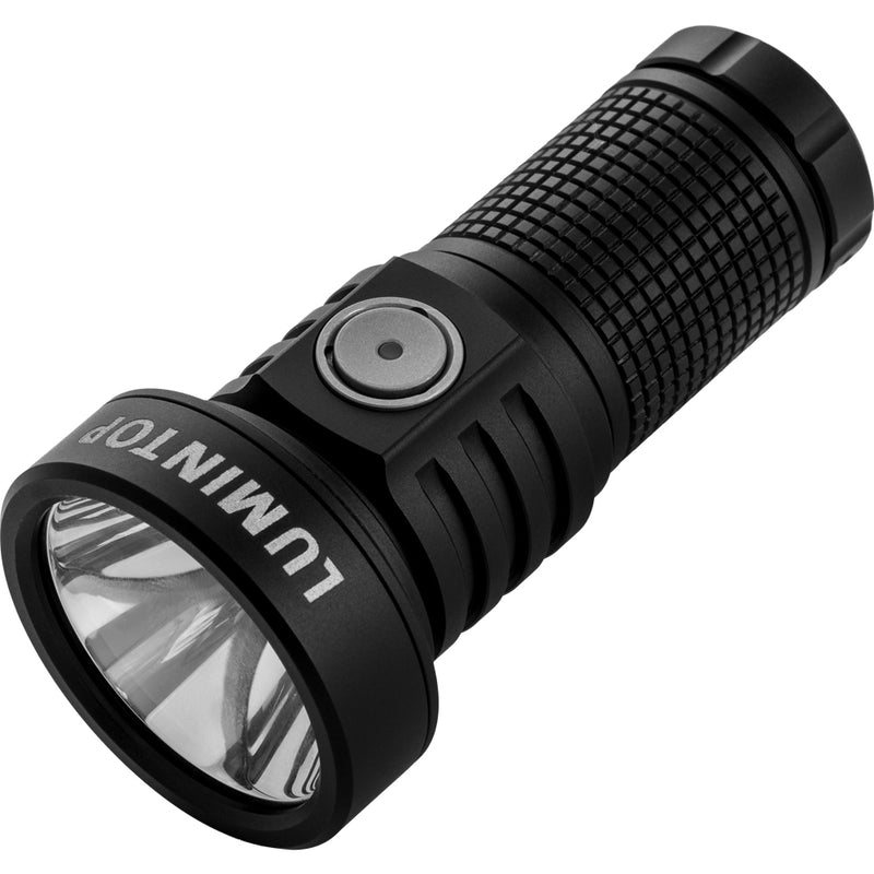 Lumintop EDC20 compact EDC flashlight black angled view large side switch grid knurling smooth reflector Lumintop logo white background