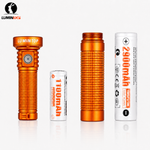 Lumintop EDC20 compact EDC flashlight orange with 18350 1100mAh 3.7V Li-ion battery extension tube 18650 2900mAh 3.6V Li-ion battery four components dual battery compatibility white background