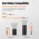 Lumintop EDC20 compact EDC flashlight dual battery compatibility 18350 1100mAh 5 day moonlight compact format 18650 3000mAh 13 day moonlight extended runtime comparison light gray background