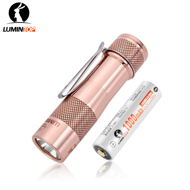Lumintop FW1AA red copper EDC flashlight with Lumintop 14500 1000mAh Li-ion battery stainless steel clip white background