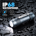 Lumintop FW3A flashlight covered in water droplets on a wet surface, with a graphic highlighting dust protection and 2m water resistance.