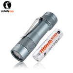 Lumintop FW3A grey aluminium EDC flashlight with pocket clip beside a 2900mAh 18650 battery.