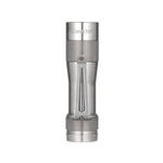 Lumintop FW3A titanium flashlight standing upright, showing its natural finish, textured grip and pocket clip.