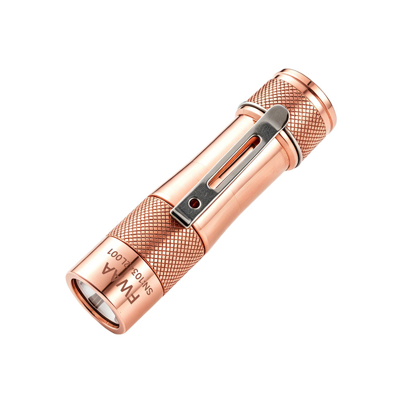 Lumintop FWAA copper EDC flashlight angled view LED head 3x Nichia 519AT stainless steel clip serial number engraved