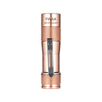 Lumintop FWAA copper EDC flashlight front view diamond knurling stainless steel clip serial number engraved white background