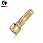 Lumintop GT Nano V3.0 brass pocket thrower EDC flashlight angled view side switch GT Nano engraving diamond knurling lanyard hole Lumintop logo white background