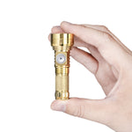 Lumintop GT Nano V3.0 brass compact EDC flashlight two-finger pinch grip tiny size side switch GT Nano engraving diamond knurling white background