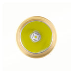 Lumintop GT Nano V3.0 brass LED head closeup smooth yellow reflector NM1 LED emitter brass bezel front view white background