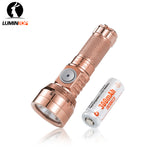 Lumintop GT Nano V3.0 copper pocket thrower EDC flashlight with 10280 300mAh rechargeable Li-ion battery side switch diamond knurling white background