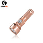 Lumintop GT Nano V3.0 copper pocket thrower EDC flashlight angled view side switch GT Nano engraving diamond knurling lanyard hole white background