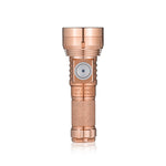 Lumintop GT Nano V3.0 copper pocket thrower EDC flashlight front view standing GT Nano serial number engraving side switch diamond knurling white background