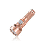 Lumintop GT Nano V3.0 copper pocket thrower EDC flashlight angled view side switch GT Nano engraving diamond knurling reflector bezel white background