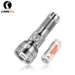 Lumintop GT Nano V3.0 titanium pocket thrower EDC flashlight with 10280 300mAh 3.7V rechargeable Li-ion battery side switch diamond knurling Lumintop logo white background