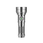 Lumintop GT Nano V3.0 titanium pocket thrower EDC flashlight front view standing GT Nano serial number engraving green side switch indicator diamond knurling white background