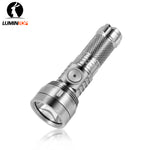 Lumintop GT Nano V3.0 titanium pocket thrower EDC flashlight angled view side switch GT Nano serial number engraving diamond knurling reflector bezel Lumintop logo white background