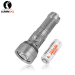 Lumintop GT Nano V3.0 titanium gray aluminum pocket thrower EDC flashlight with 10280 300mAh 3.7V rechargeable Li-ion battery side switch diamond knurling Lumintop logo white background