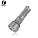 Lumintop GT Nano V3.0 titanium pocket thrower EDC flashlight angled view side switch GT Nano engraving diamond knurling smooth reflector Lumintop logo white background