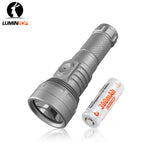 Lumintop GT Nano V3.0 titanium pocket thrower EDC flashlight with 10280 300mAh 3.7V rechargeable Li-ion battery Lumintop logo diamond knurling white background