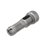 Lumintop GT Nano V3.0 titanium tail view USB-C charging port rubber cover heat sink fins diamond knurling lanyard hole white background EDC flashlight