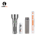 Lumintop GT Nano V3.0 titanium polished EDC flashlight with 10280 standard battery titanium tube extension 10280 700mAh 3.7V 2.59Wh high capacity Li-ion battery four components white background