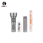 Lumintop GT Nano V3.0 titanium sandblasted EDC flashlight with 10280 standard battery titanium tube extension 10280 700mAh 3.7V 2.59Wh high capacity Li-ion battery four components white background
