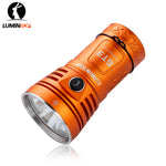 Lumintop GT3 triple LED flashlight orange angled view with LED emitters